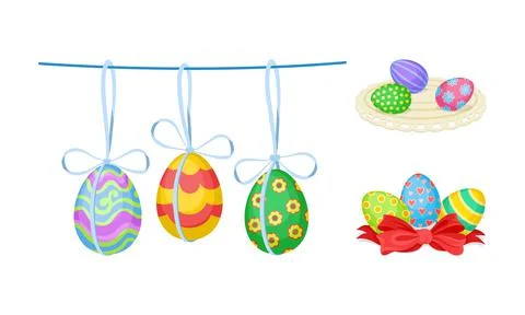 Decorated Easter Egg Hanging on Rope Tied with Ribbon and Rested on Table Napkin Stock Illustration