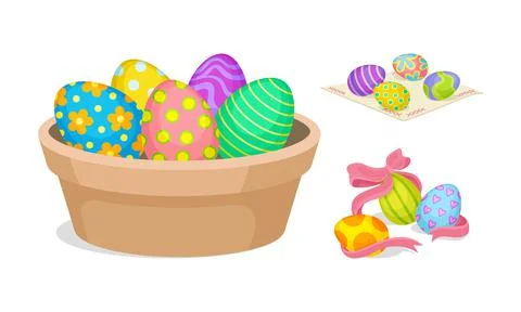 Decorated Easter Egg Rested in Bowl and on Table Cloth as Holiday Symbols Vector Stock Illustration