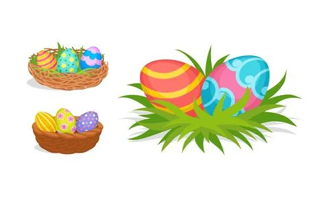 Decorated Easter Egg Rested in Nest and Wicker Basket as Holiday Symbols Vector イラスト素材