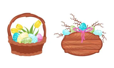 Decorated Easter Egg with Willow Branch, Tulips and Wooden Board as Holiday Stock Illustration