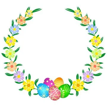 Decorated Easter eggs and a beautiful wreath with flowers and leaves Stock Illustration