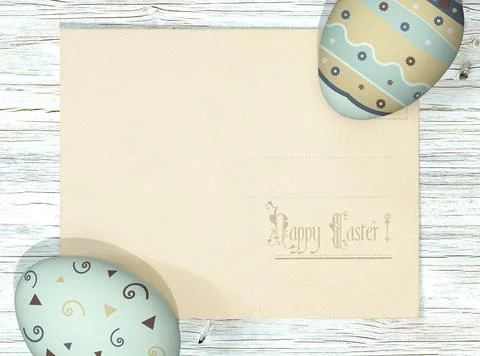 Decorated easter eggs and greeting card on wooden background Stock Illustration