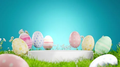 Decorated Easter eggs arrayed on grass with a white podium and blue background Stock Footage 264141107