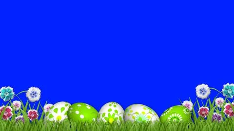 Decorated easter eggs on beautiful green grass and colorful flowers with da.. イラスト素材