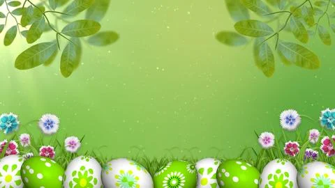 Decorated easter eggs in beautiful nature landscape with colourful flowers,.. Illustrazione stock