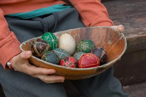 Decorated Easter Eggs in Bowl Stock Photos