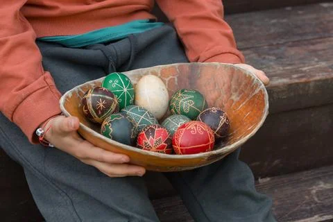 Decorated Easter Eggs in Bowl Stock Photos