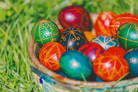 Decorated Easter Eggs In Bowl Stock Photos