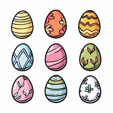 Decorated Easter eggs colorful designs isolated white background. Nine various Illustrazione stock