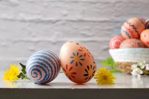 Decorated Easter Eggs with Dandelions Stock Photos