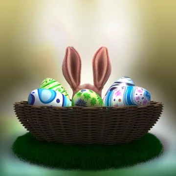 Decorated Easter eggs on the grass in basket with Easter Bunny ears Stock Illustration