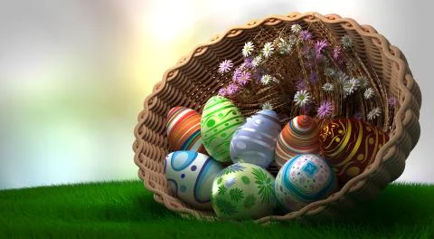 Decorated Easter eggs on the grass in basket with flowers Stock Illustration