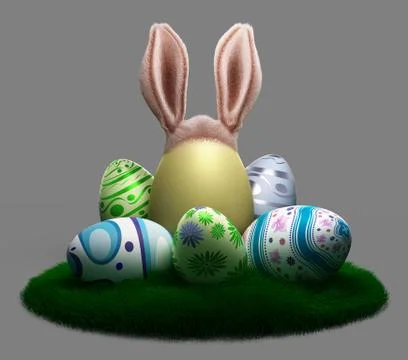 Decorated Easter eggs on the grass with  Easter Bunny ears Stock Illustration