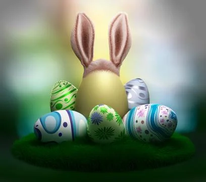 Decorated Easter eggs on the grass with  Easter Bunny ears Stock Illustration