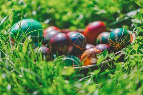 Decorated Easter Eggs in Grass Stock Photos