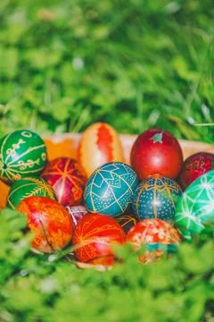 Decorated Easter Eggs in Grass Stock Photos