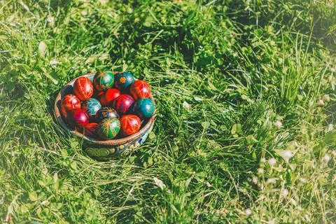 Decorated Easter Eggs in Grass Stock Photos