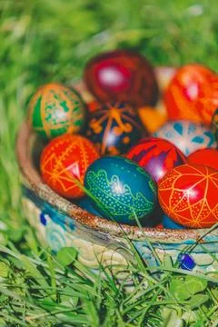 Decorated Easter Eggs in Grass Stock Photos