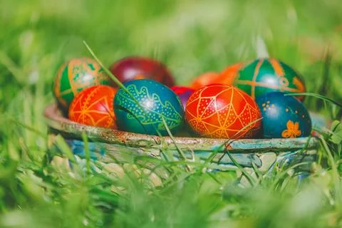 Decorated Easter Eggs in Grass Stock Photos