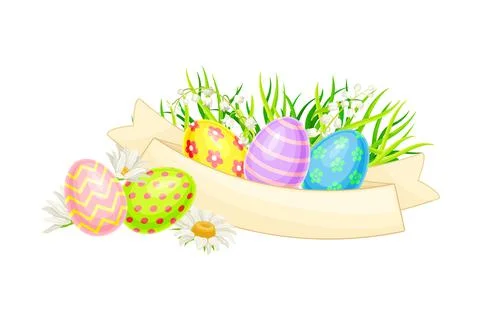 Decorated Easter Eggs or Paschal Eggs Rested in Green Grass with Spring Flowers Stock Illustration