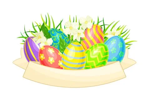 Decorated Easter Eggs or Paschal Eggs Rested in Green Grass with Spring Flowers Stock Illustration