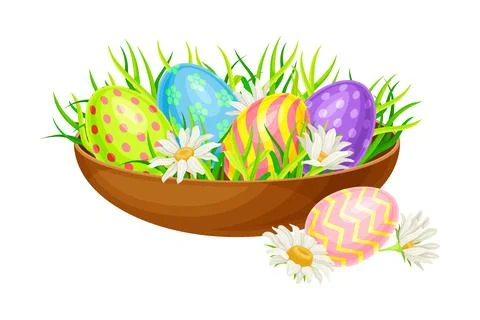 Decorated Easter Eggs or Paschal Eggs Rested in Wooden Bowl with Green Grass Stock Illustration