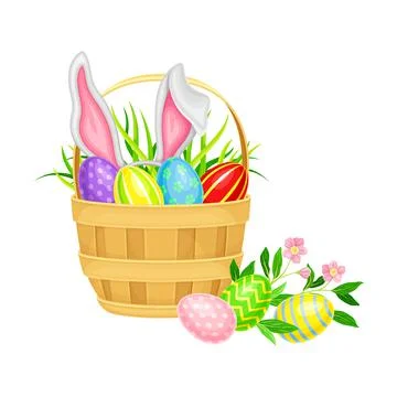 Decorated Easter Eggs or Paschal Eggs Rested in Wicker Basket with Green Grass Illustrazione stock