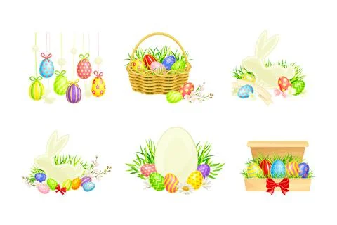 Decorated Easter Eggs or Paschal Eggs Rested in Basket and Grass Vector Illustrazione stock