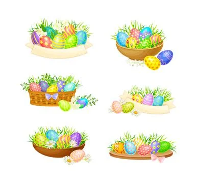 Decorated Easter Eggs or Paschal Eggs Rested in Basket and Grass Vector Stock Illustration