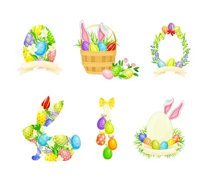 Decorated Easter Eggs or Paschal Eggs Rested in Basket and Grass Vector Stockillustratie