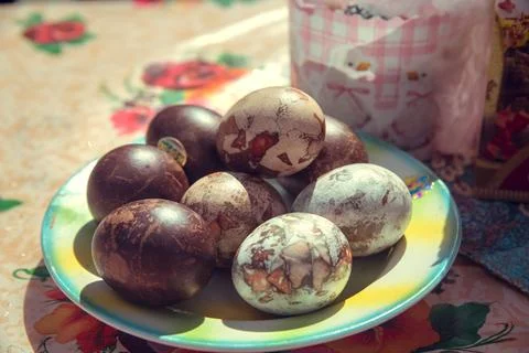 Decorated easter eggs on plate painted by hand, Easter Stock Photos