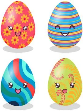 Decorated easter eggs with positive emotions, smiling faces japanese kawaii Stock Illustration