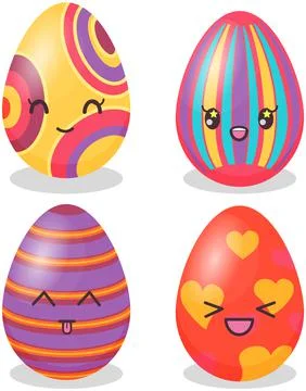 Decorated easter eggs with positive emotions, smiling faces japanese kawaii Stock Illustration