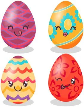 Decorated easter eggs with positive emotions, smiling faces japanese kawaii Stock Illustration