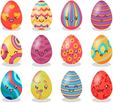 Decorated easter eggs with positive emotions, smiling faces japanese kawaii Stock Illustration