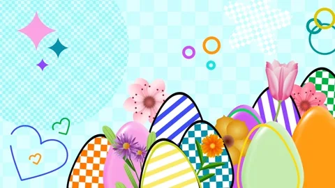 Decorated easter eggs on square background with rotating flowers and moving.. Stock Footage 265140548