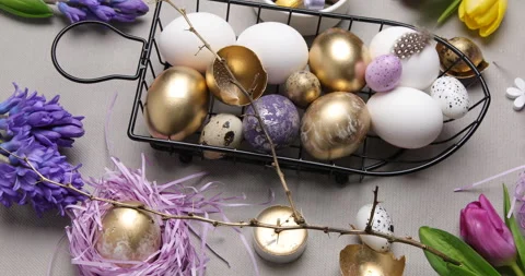 Decorated Easter eggs with sweet food. Rotate, top view Stock Footage 263110150