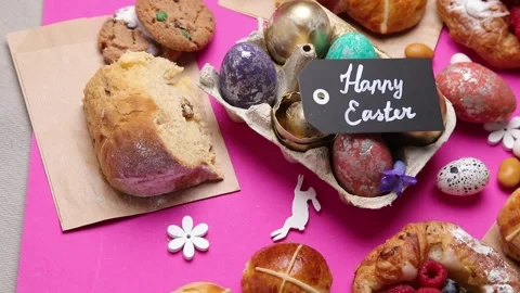 Decorated Easter eggs with sweet food. Rotate, top view Stock Footage 263292188