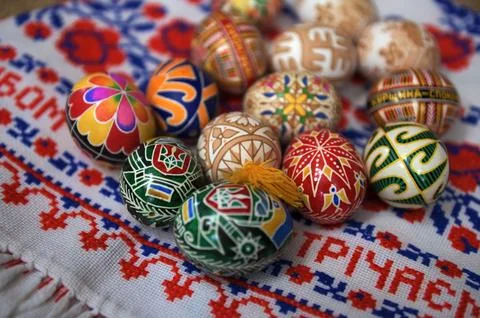 Decorated Easter eggs with traditional folk patterns. 写真素材