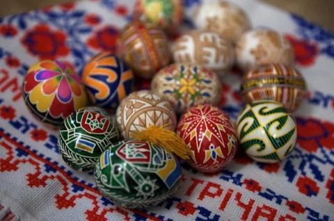 Decorated Easter eggs with traditional folk patterns. 写真素材