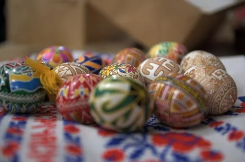 Decorated Easter eggs with traditional folk patterns. 写真素材