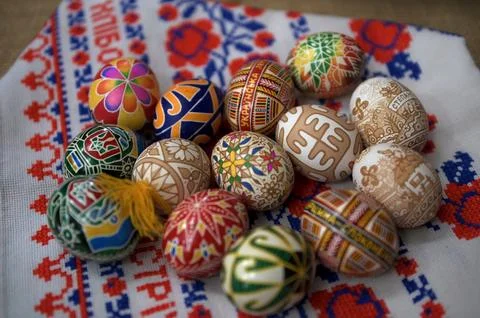 Decorated Easter eggs with traditional folk patterns. 写真素材