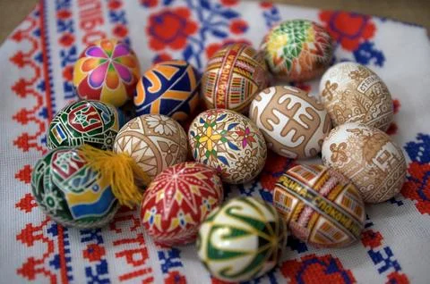 Decorated Easter eggs with traditional folk patterns. 写真素材