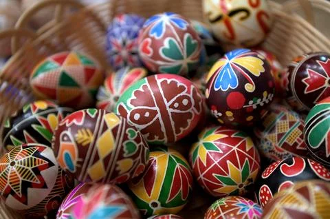 Decorated Easter eggs with traditional folk patterns. 写真素材