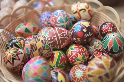 Decorated Easter eggs with traditional folk patterns. 写真素材