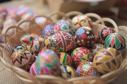 Decorated Easter eggs with traditional folk patterns. 写真素材