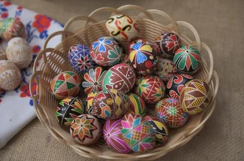 Decorated Easter eggs with traditional folk patterns. 写真素材