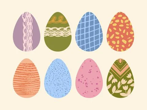 Decorated Easter eggs vector illustration set. Cute colorful eggs hand painted Stock Illustration