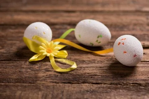 Decorated Easter Eggs on wooden table Stock Photos