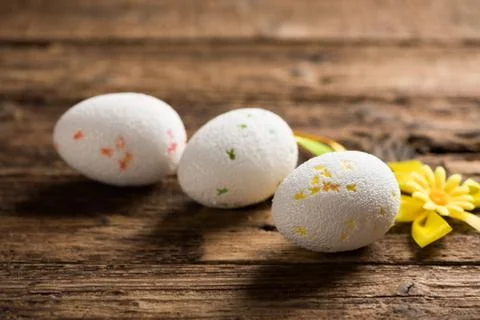Decorated Easter Eggs on wooden table Stock Photos